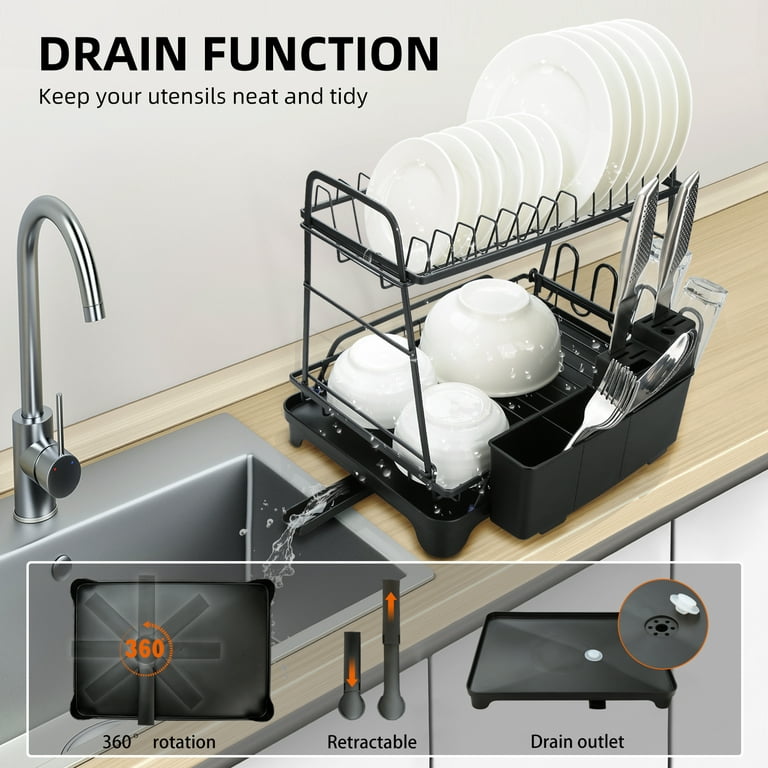 Dish Drainers with Auto-Draining Tray,Large 2 Tier Dish Drying Rack,Utensil  Hold