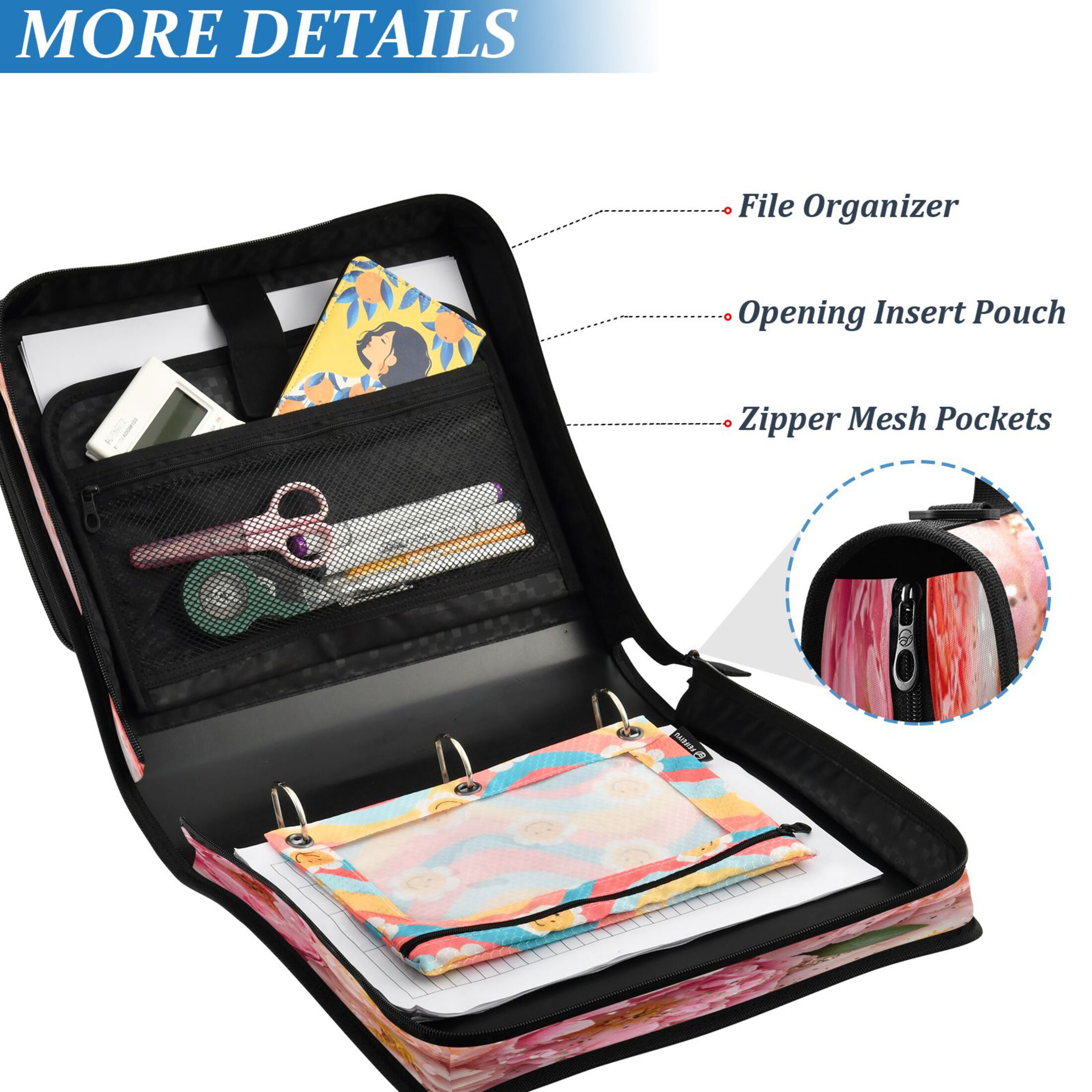 YAZAOO Zipper Binder trapper keeper Documents Organized Design Pink and White Flowers Glitter Printed