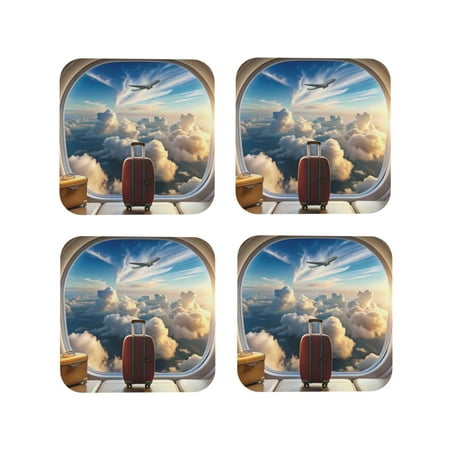 

Honeii Sunset Airplane Travel View Print Leather Coaster Set of 4 Ideal for Safeguarding Your Furniture from Drinks Spills and Effortless Cleanup-Square