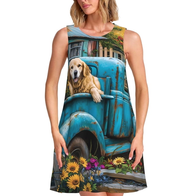 Disketp Vintage Pickup Sunflower Dog para Vestido sin Mangas para Mujeres, Vestidos de Verano para Mujeres, Casual y Holgado para la Playa