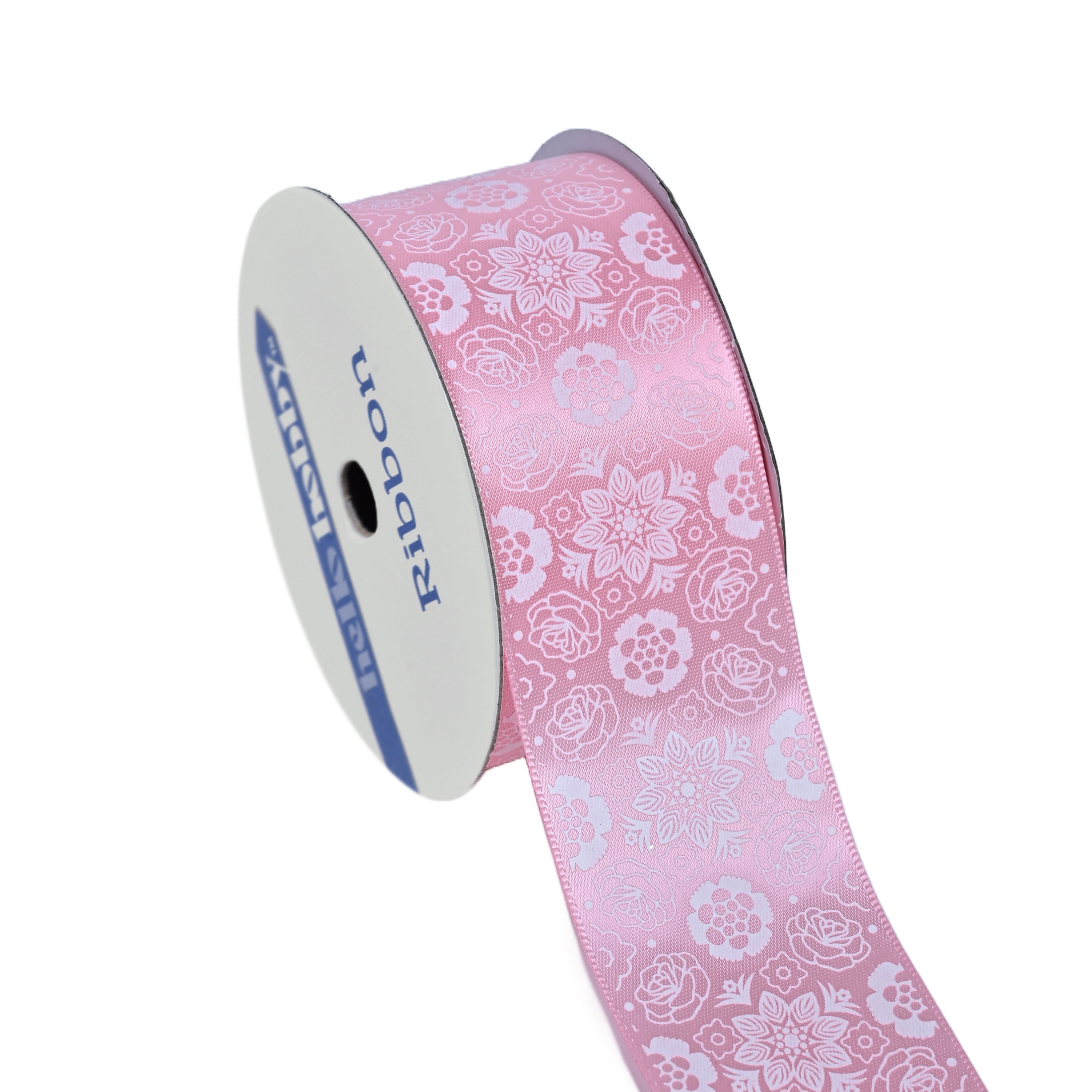 Hello Hobby 1.5" White Florals on Pink Satin Ribbon, 3 Yards