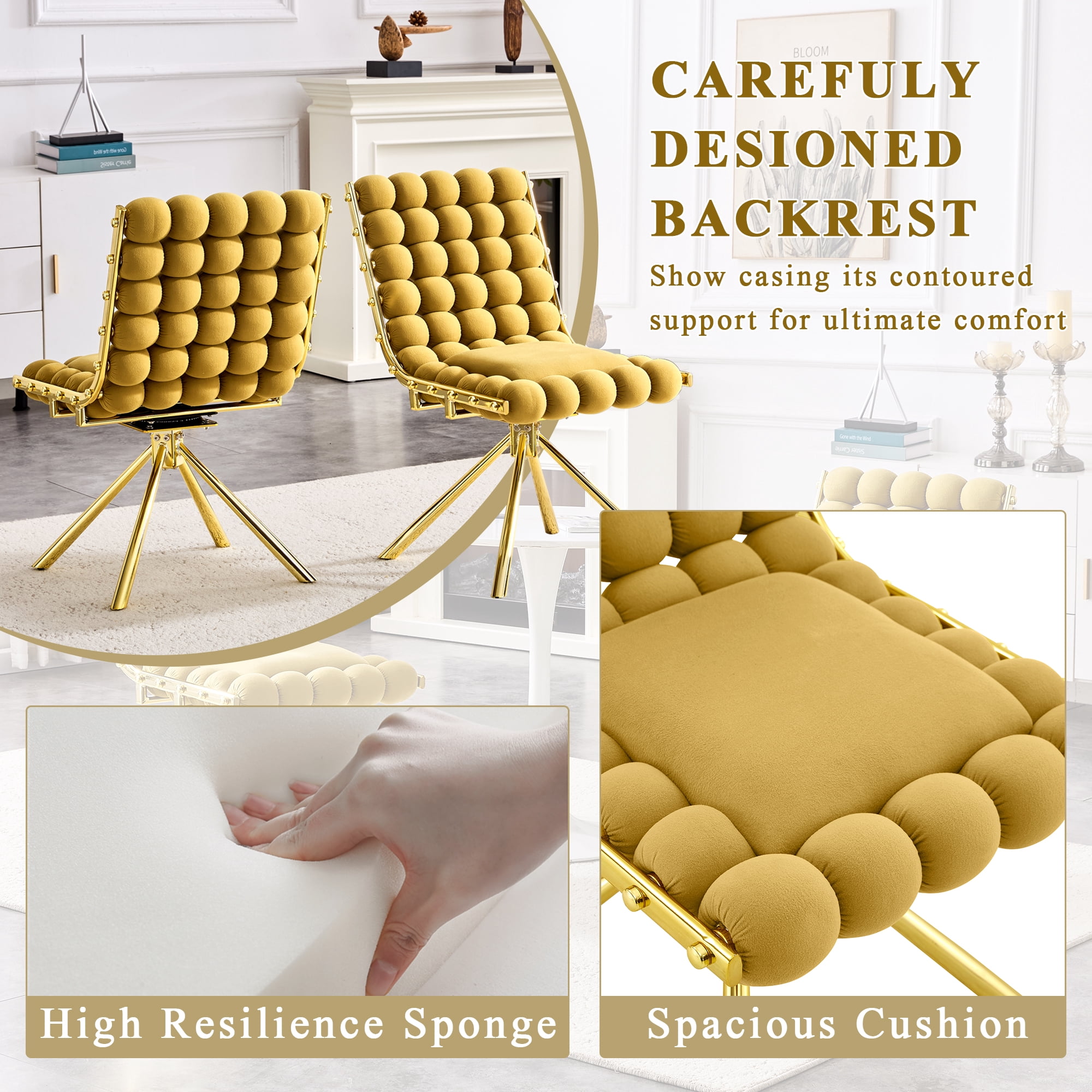 Aukfa Velvet Swivel Dining Chairs Set of 2, Modern Bubble Tufted Kitchen Side Chairs, Gold Metal Legs,Yellow