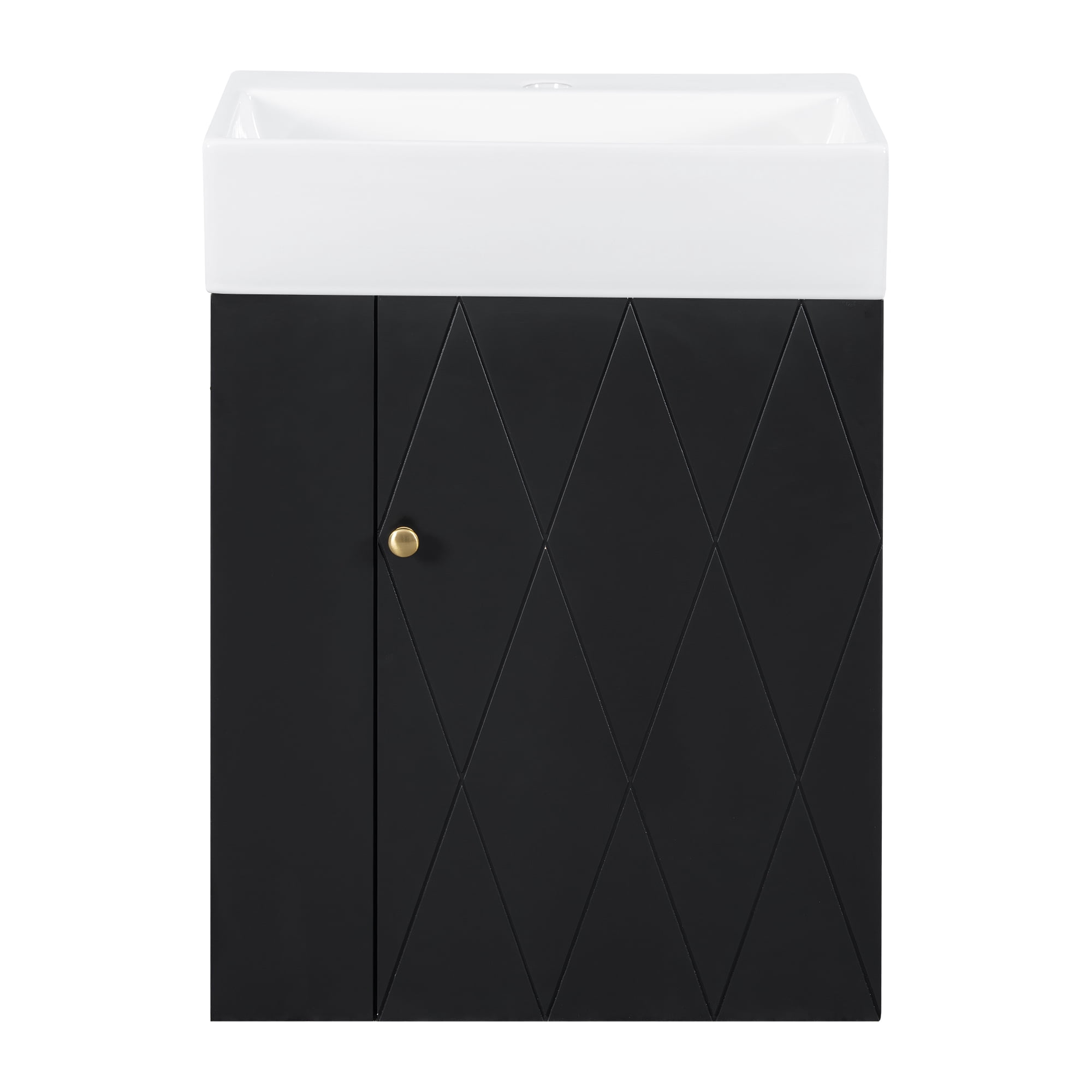 20 Inch Bathroom Vanity with Ceramic Sink, Diamond Pattern Door Design, Gold Handle & Side Storage Shelves – Modern Small Space Cabinet with Towel Bar, MDF Construction