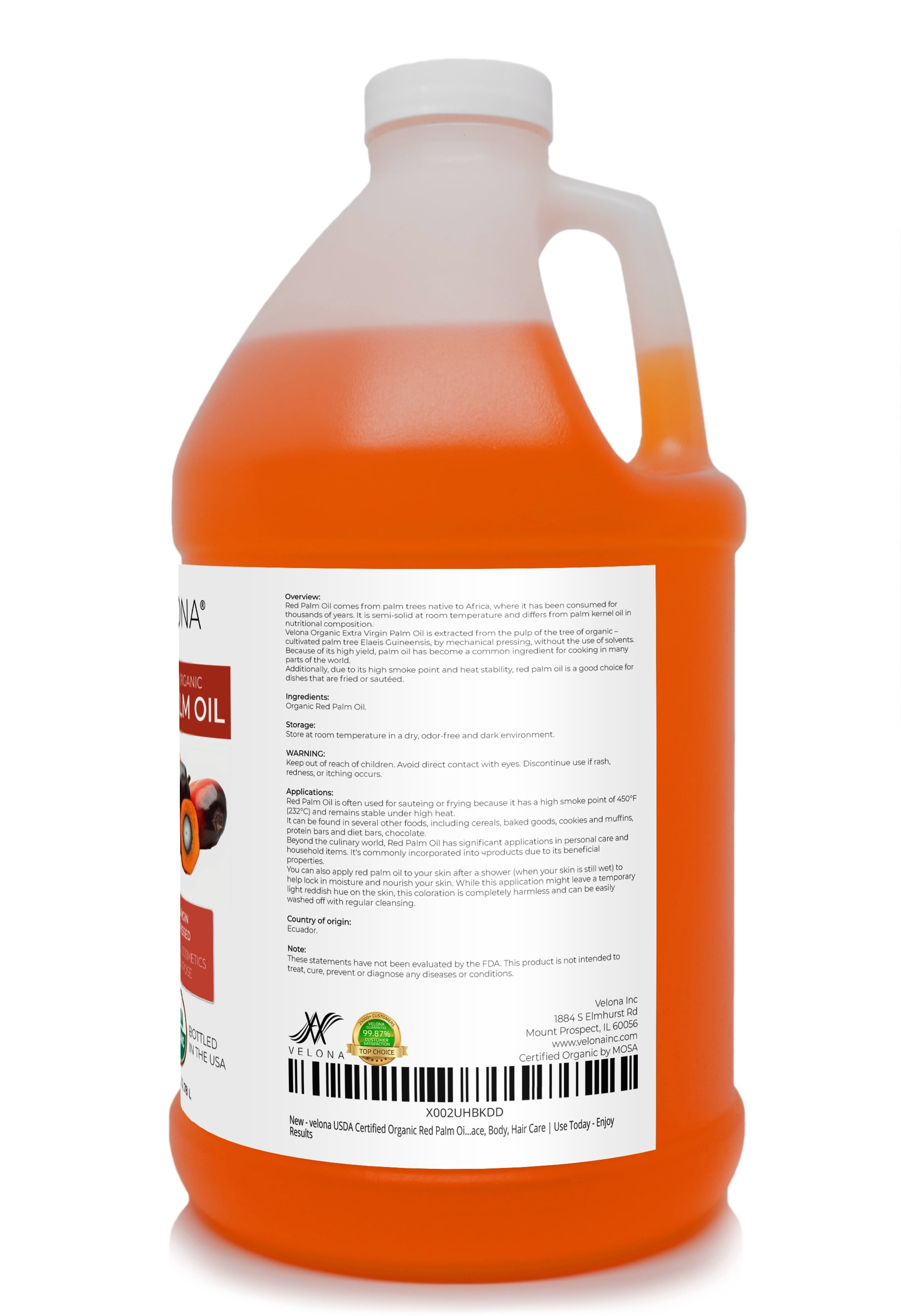 Velona USDA Certified Organic Red Palm Oil - 1 Gallon / 128 Fl Oz | Food and Cosmetic Grade | in jar | Extra Virgin, Cold Pressed | Skin, Face, Body, Hair Care | Use Today - Enjoy Results