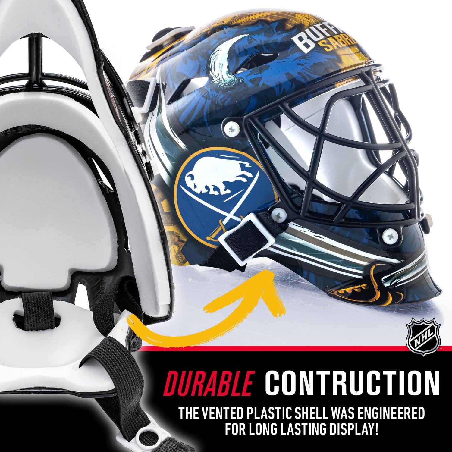 Franklin Sports Mini masque de gardien de but de hockey avec logo de l'équipe de la NHL de Sabres avec étui – Masque de gardien de but de collection avec logos et couleurs officiels de la NHL