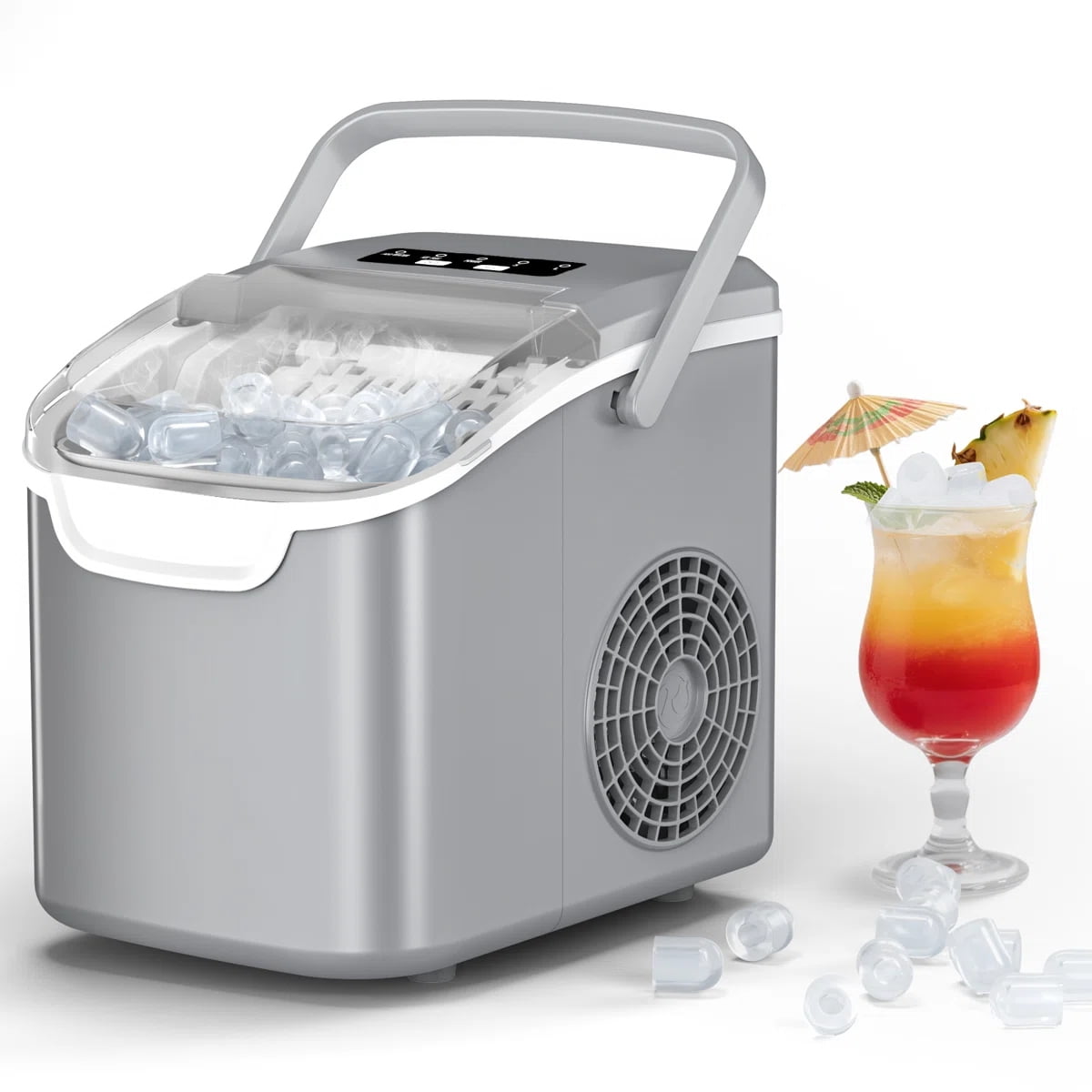 KNDKO Efficient Portable Countertop Ice Maker: Quick 8-Cube In 6 Mins, Up To 26Lb/Day, 2 Ice Sizes, Perfect For Home/Party/Travel GREY