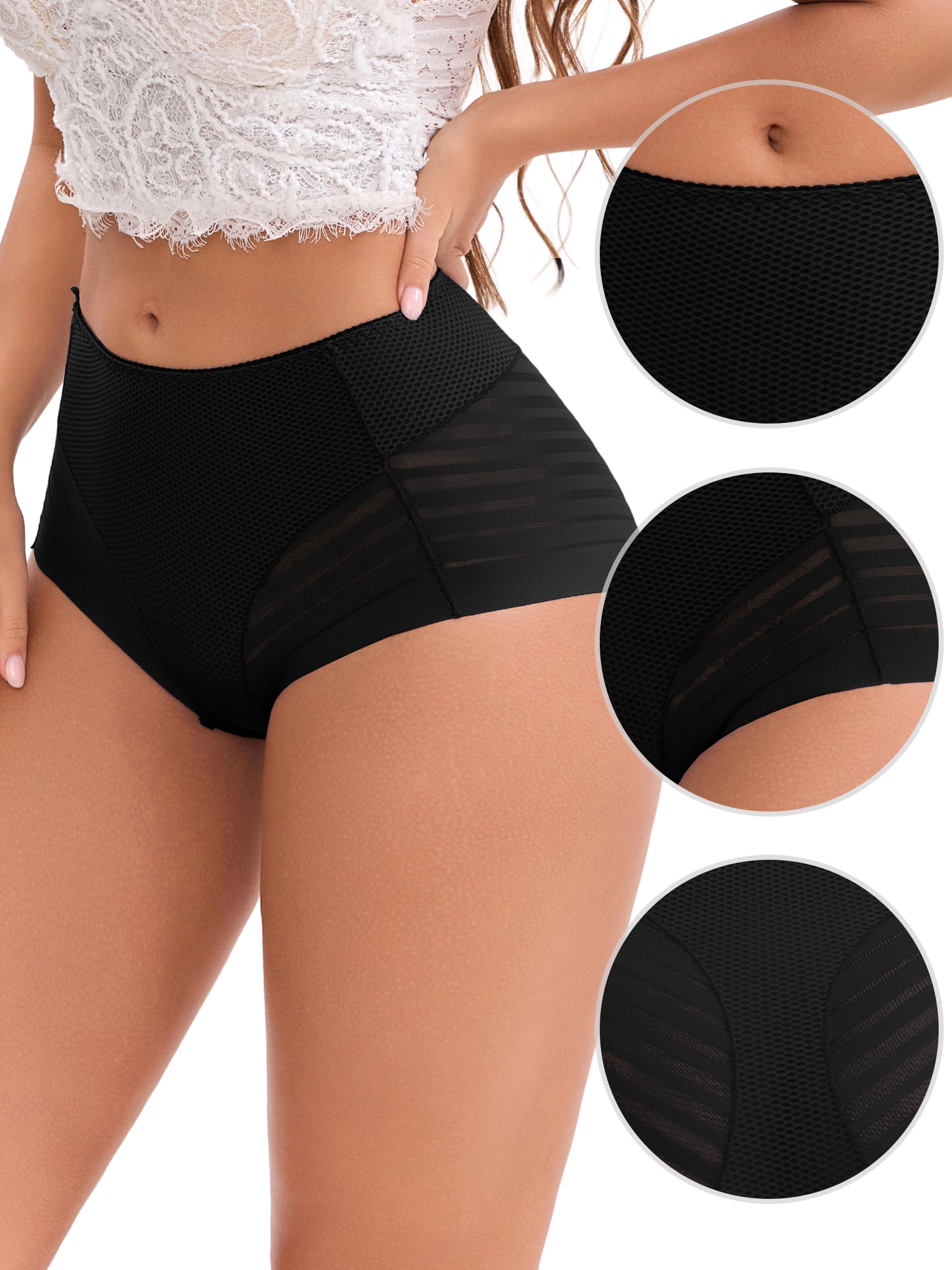 DARING DIVA Women's Lace Mesh High Waisted Invisible Tummy Control Panties M Black