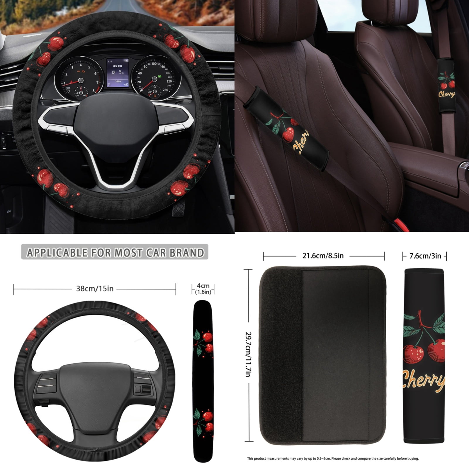 Yuyamidu Cherry Car Seat Cover with Carpet Mats Cute Steering Wheel Cover Seat Belt Strap Pad Handbrake Gear Shift Knob Cover Coasters 15 PCS