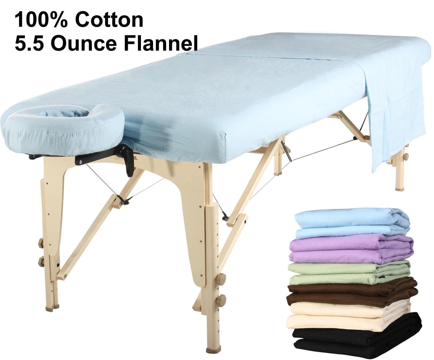 Set de 3 pièces de drap en flanelle de coton Master Massage comprenant un drap plat, un drap housse et un protège visage - BLEU