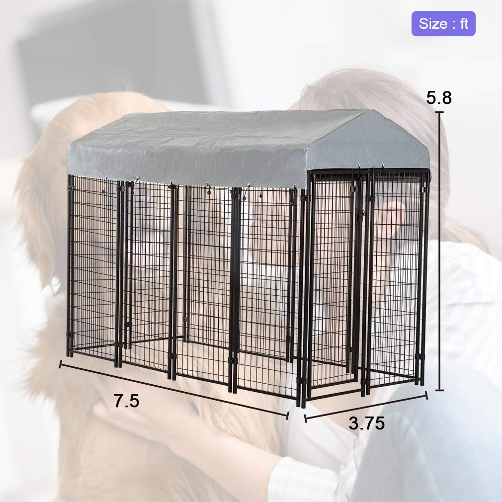 8x4x6 Ft Heavy Duty Metal Dog Kennel Outdoor Playpen, Galvanized Welded Pet Cage with UV Waterproof Cover, Secure Camping Fence for Large Dogs, Black
