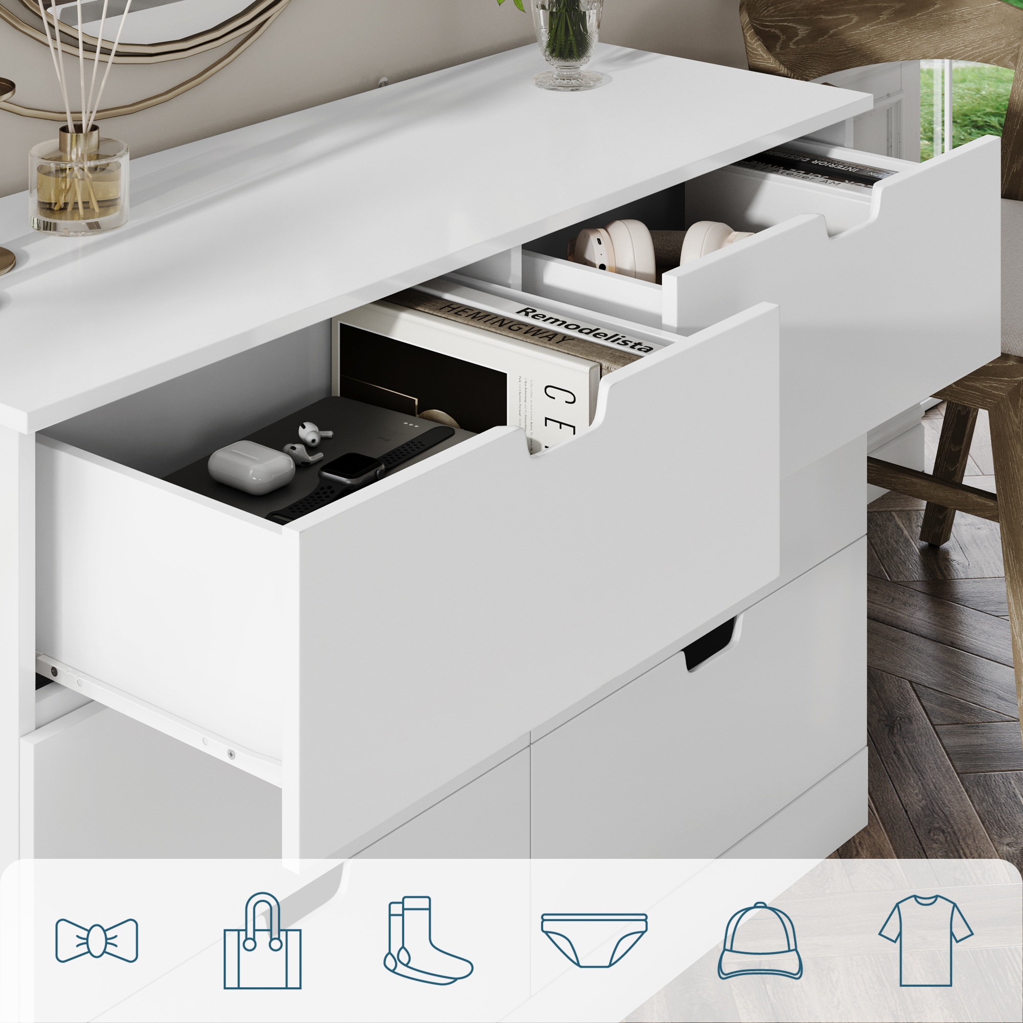 Homfa 6 Drawer Double Dresser for Bedroom, Modern White Chest, Wood Storage Cabinet for Living Room - image 5 of 10