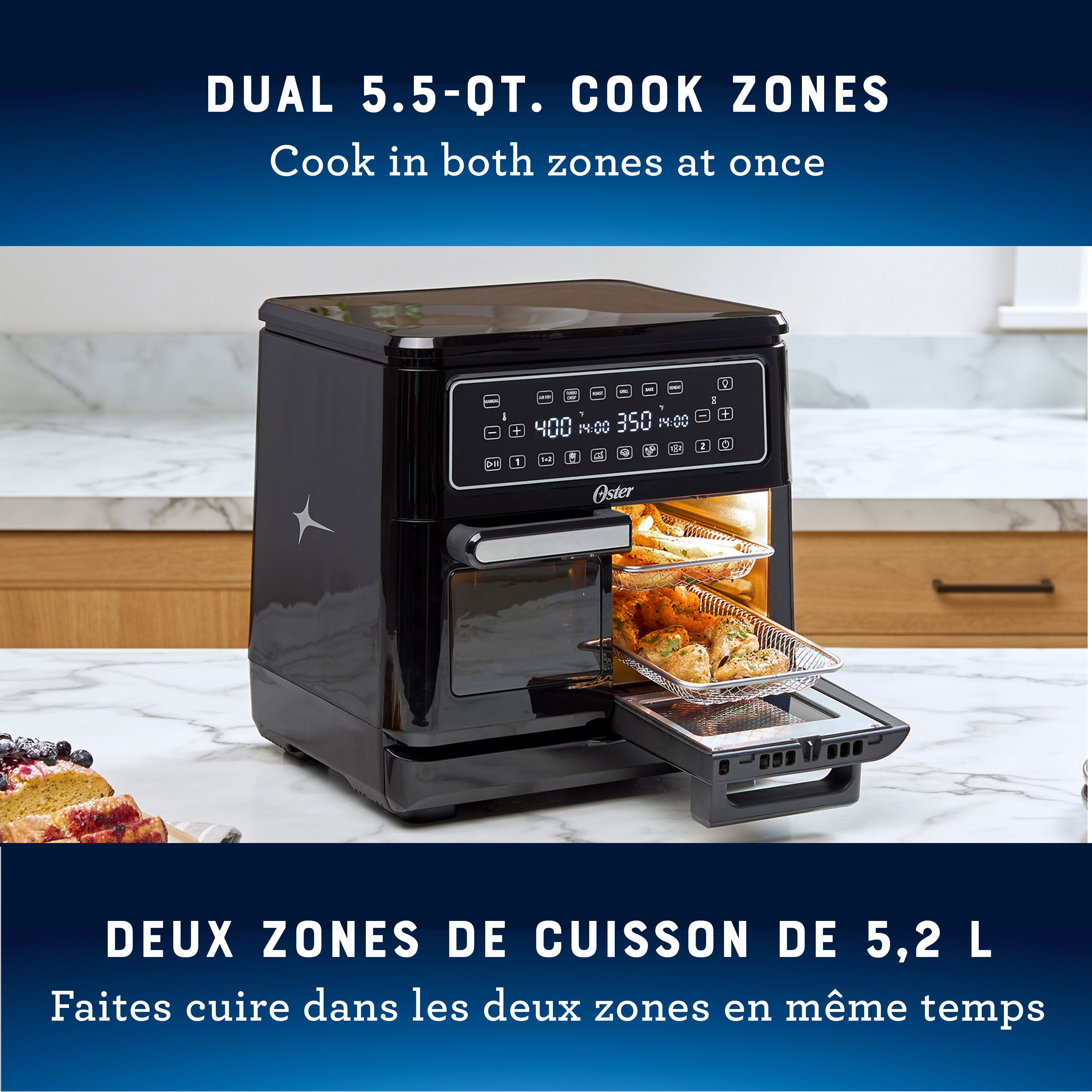 Oster 11-Quart Flex Air Fryer Oven, Dual Air Fryer with 2 Cooking Zones, Double Air Fryer with 6 Cooking Functions, Large Air Fryer with 2 Frying Baskets