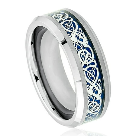 8mm Tungsten Carbide Celtic Knot Dragon over Blue Carbon Fiber Inlay Wedding Band Ring For Men Or