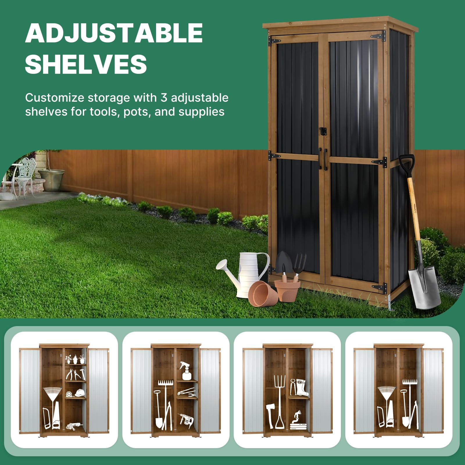 Gowoodhut Outdoor Storage Cabinet Wood & Metal, Tall Tool Shed with Weatherproof, Double Lockable Doors, Removable 3 Shelves, Adjustable Feet