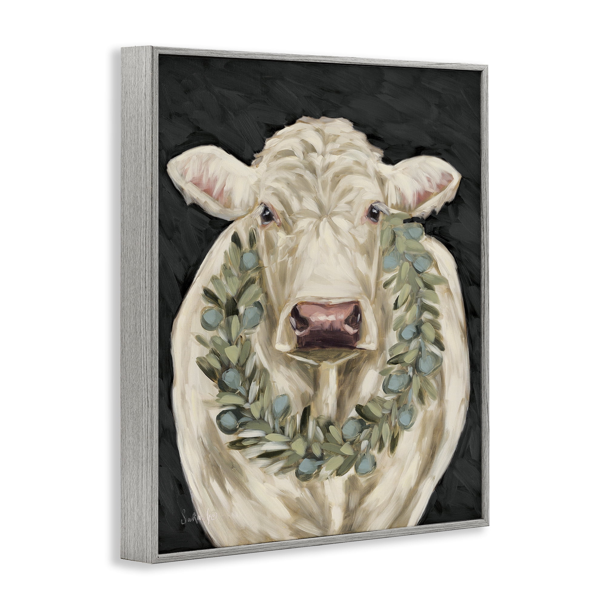 Stupell Industries Cow with Holiday Wreath Holiday Painting Gray Framed Art Prints Wall Art, 16 x 20