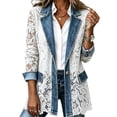 thumbnail image 3 of Sorvello Distressed Eyelet Lace Patchwork Denim Jacket for Women Notch Lapel Single Button Front Blazer with Pockets Mid Long Spring Fall Business Casual White XXL, 3 of 6