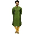 thumbnail image 2 of Atasi Classic Green Men's Dupion Kurta Pyjama Party Wear Designer Shirt-L, 2 of 7