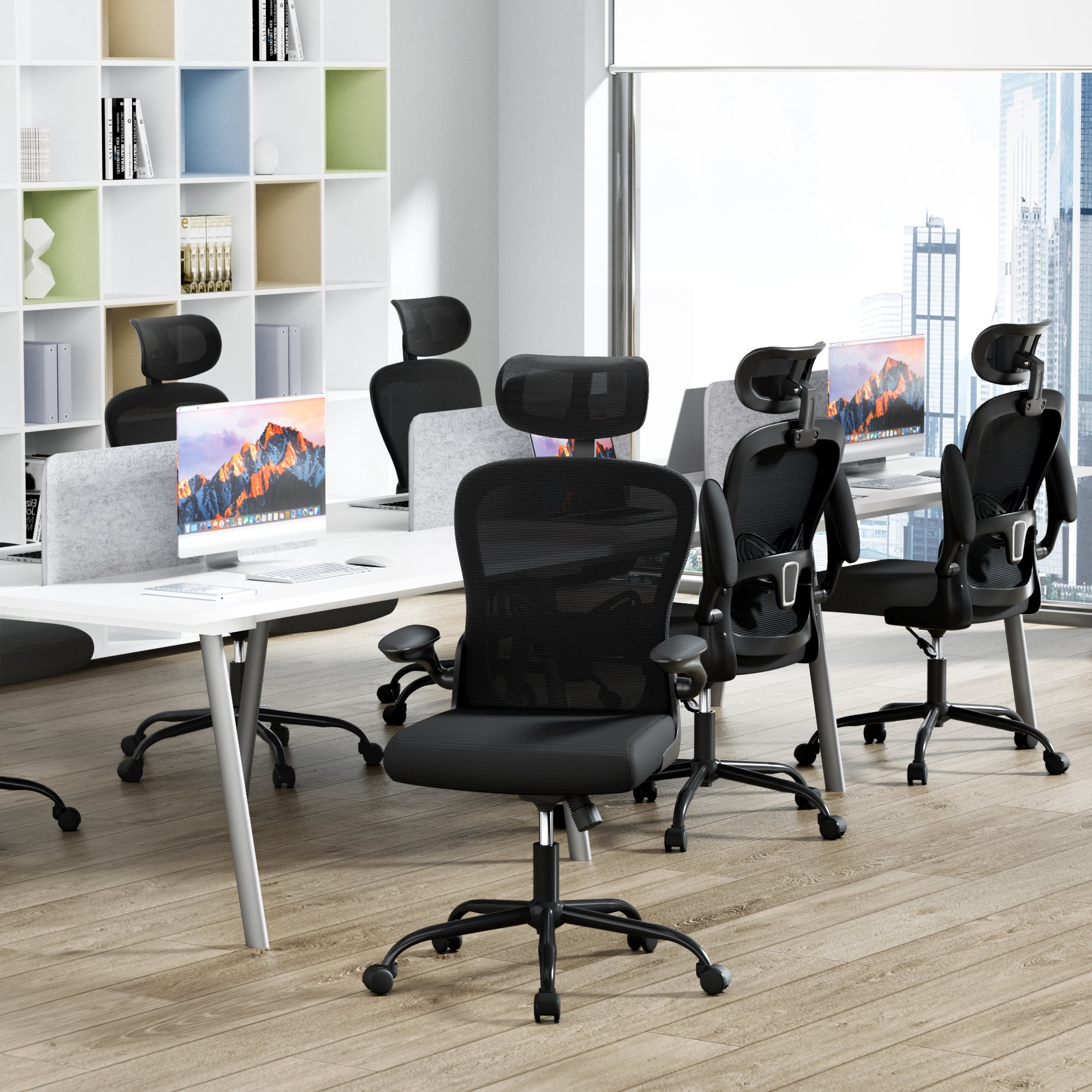 Furmax High Back Office Chair Ergonomic Mesh Desk Chair with Adjustable Lumber Support, Headrest and Flip up Armrest, Black