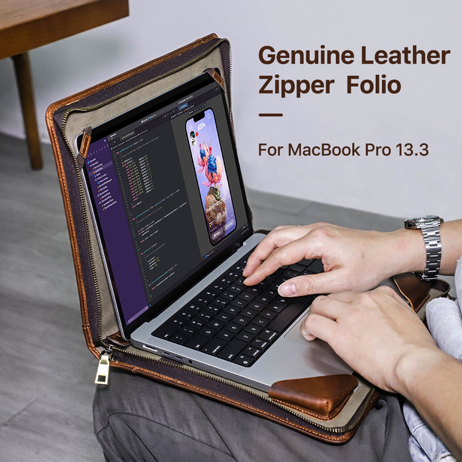 Leather Laptop Bag Folio Case for MacBook Pro 13.3 Inch – Crazy Horse Cowhide with Zipper Closure, Notebook & Pen Holder