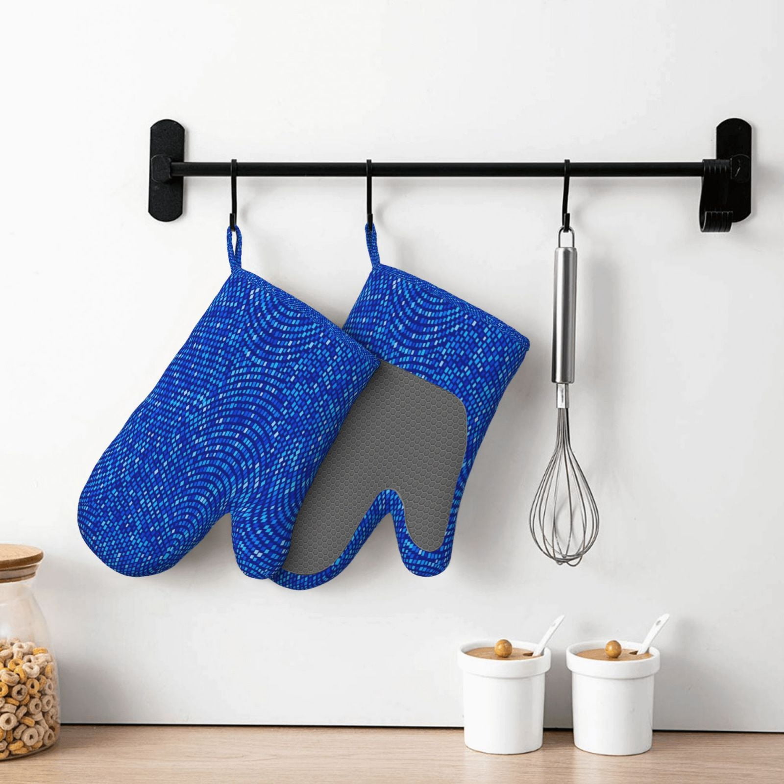 Hirioo Blue Circles Mosaic for Silicone Oven Mitts for BBQ, Baking, Cooking, Set of 2, Heat Resistant 260℃, Non-Slip Kitchen Essentials