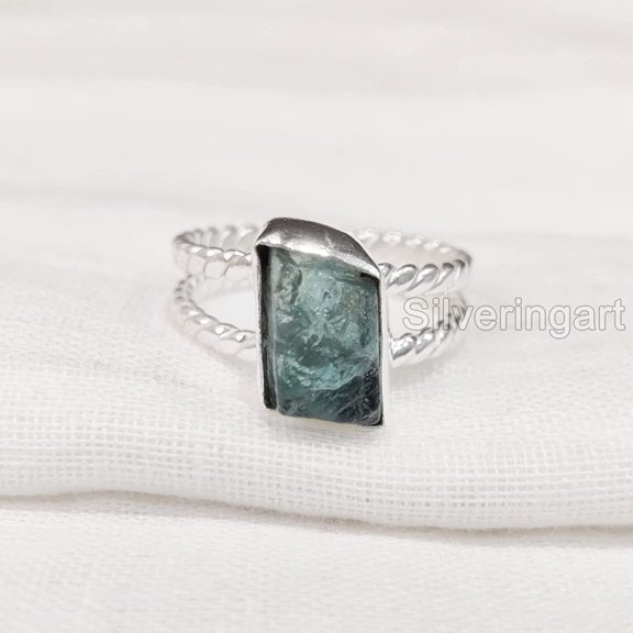 Natural Blue Apatite Ring, Rough Apatite Ring, Twisted Double Wire Band Ring, 925 Sterling Silver, Womens Ring, Christmas, Thanksgiving, Handmade, Statement Jewelry, Rough Gemstone Jewelry