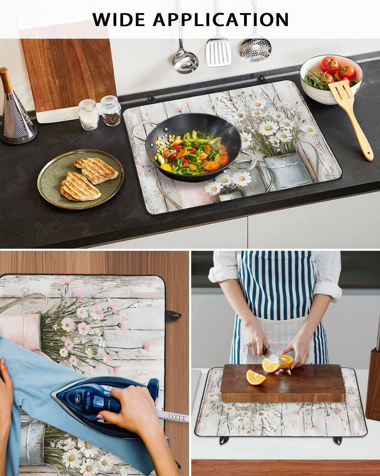nqOlkjepod Large Induction Cooktop Protector Mat 24"x21", White Pink Floral Stove Top Covers for Electric Stove, Garden Floral Wildflower Wood Grain Stove Burner Cover Mats, Glass Top Stove Cover