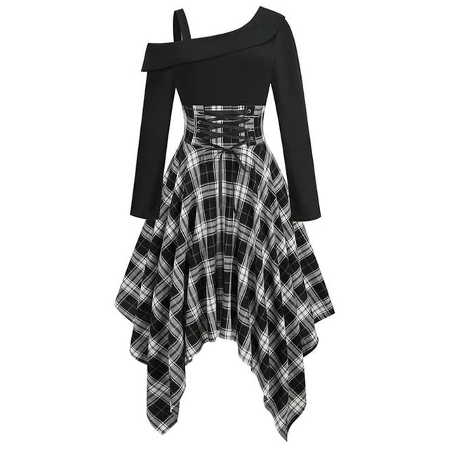 Pompotops Robe Rétro à Manches Longues Col Rond Taille Haute Style Gothique en Solde