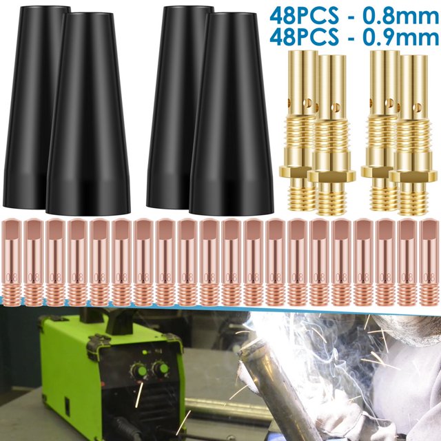 48pcs Flux Core Gasless Nozzle Tips Kit Heat Resistant Replacement Gasless Nozzles Durable Brass Welding Contact Tips Kit Gas Diffusers Welder Accessories