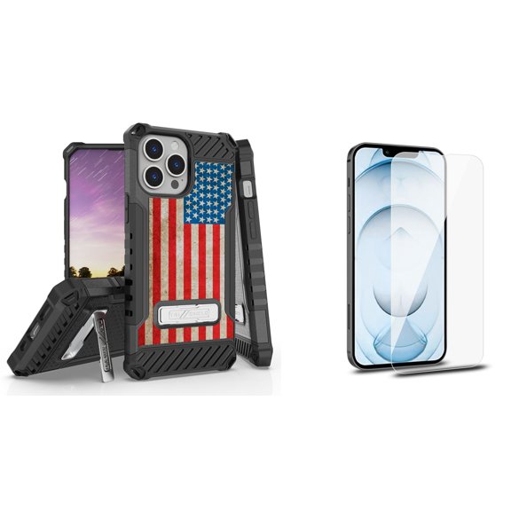 Bemz iPhone 13 Pro Bundle: Tri Shield Shockproof Armor Rugged Case (Vintage American Flag), Premium Glass Screen Protectors (2-Pack)