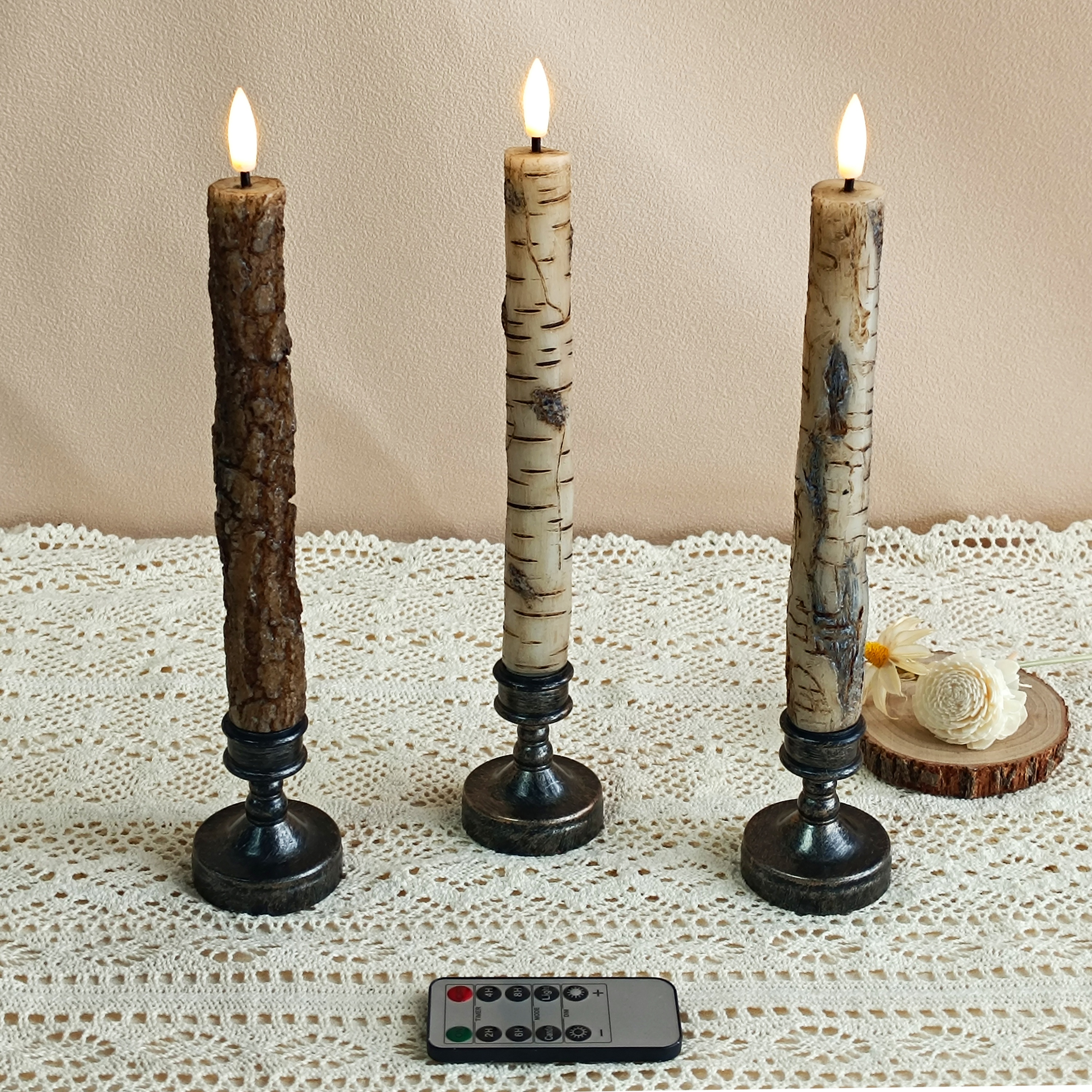 XINAOBAOLUO White Flameless Taper Candles with Remote Timer, Pack of 2 Bark Real Wax Battery Operated Candlesticks, 9.8 Inches LED Flickering Window Candles for Home Wedding Christmas Decor