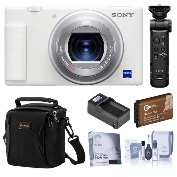 Sony ZV-1 Compact 4K HD Digital Camera, White Bundle with Sony Shooting Grip/Tripod, 64GB UHS-II SD Card, Shoulder Bag, Extra Battery, Smart Charger and Accessories