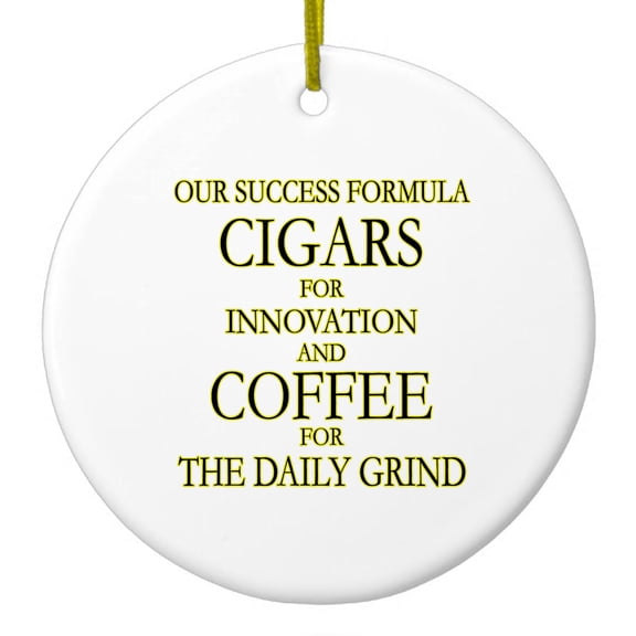 DistinctInk Hanging Ceramic Christmass Tree Ornament with Gold String - Great Gift / Present - 2 3/4 inch diameter - Success Formula - Cigars & Coffee