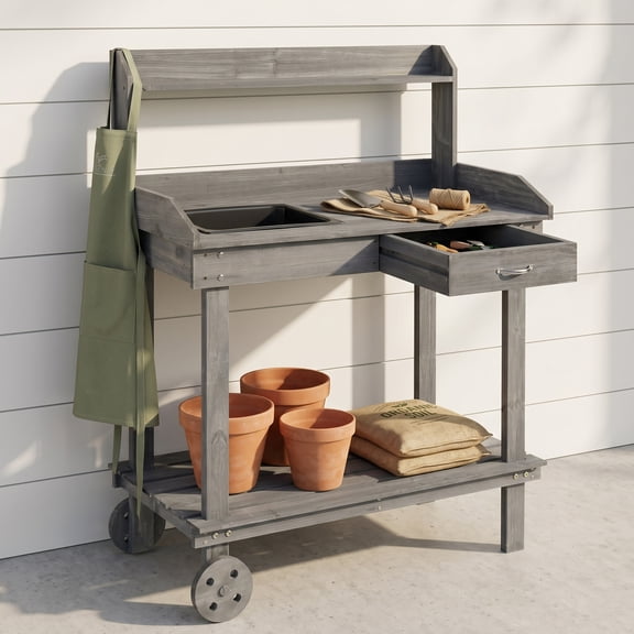 Zateety 36'' Wooden Potting Bench Work Table with 2 Removable Wheels, Sink, Drawer & Large Storage Spaces, Gray