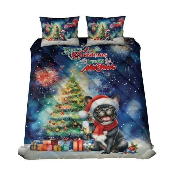 Merry Christmas and Happy New Year Santa French Bulldog Holiday Xmas Winter 2025 Quilt Bedding Set Dog Lover Gifts 1 Blanket Bed Cover 2 Pillowcases - 00024