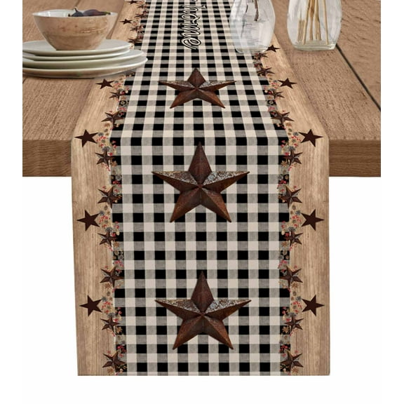 Table Runners 120 Inches Long Dress Scarves, Texas Star Plaid Farmhouse Coffee/Dining/Kitchen Table Runner for Living Room, Farmhouse Black Brown Texas Vintage 13x120 Inch