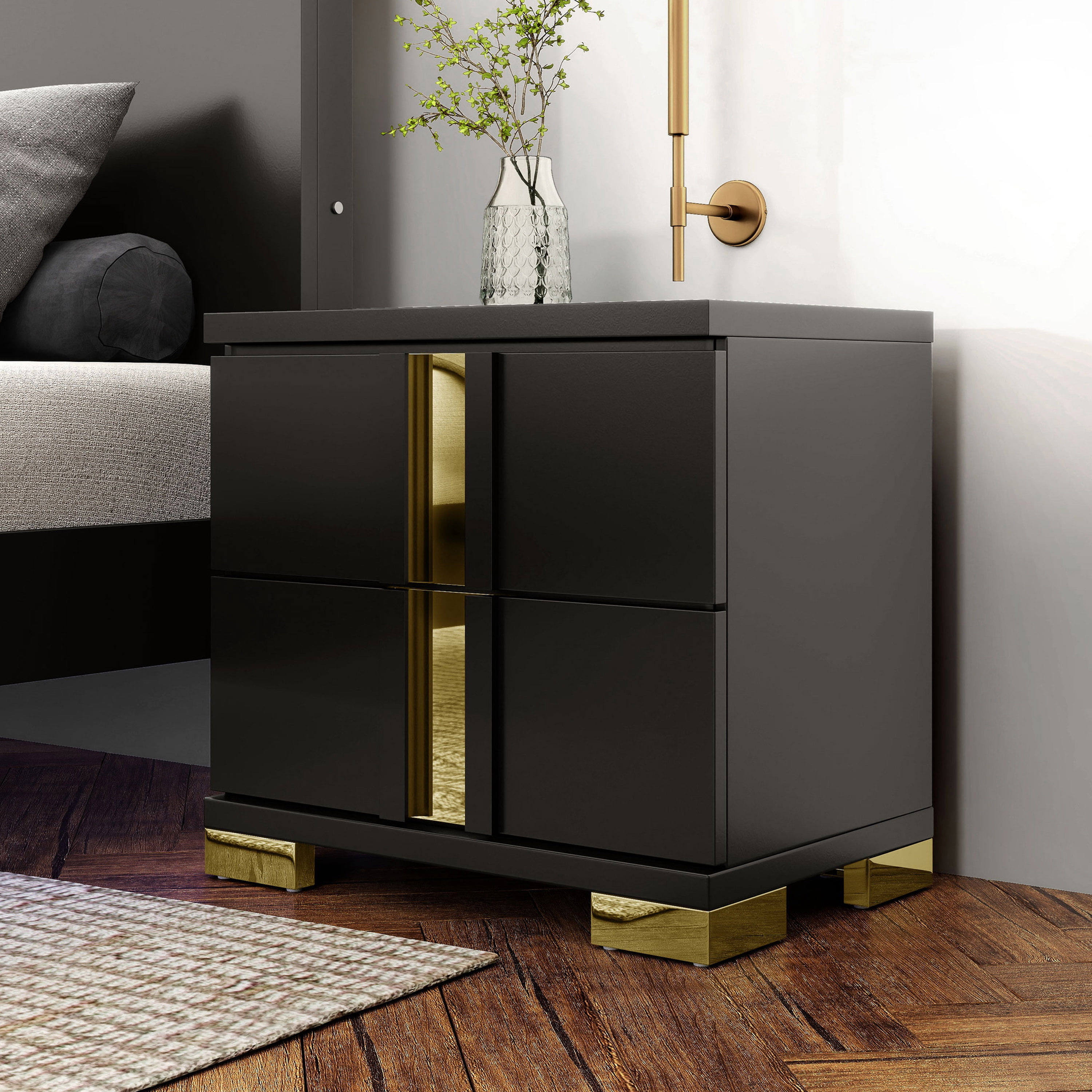 Furniture of America Chora Adult Modern 2-Drawer Nightstand, Black and Gold