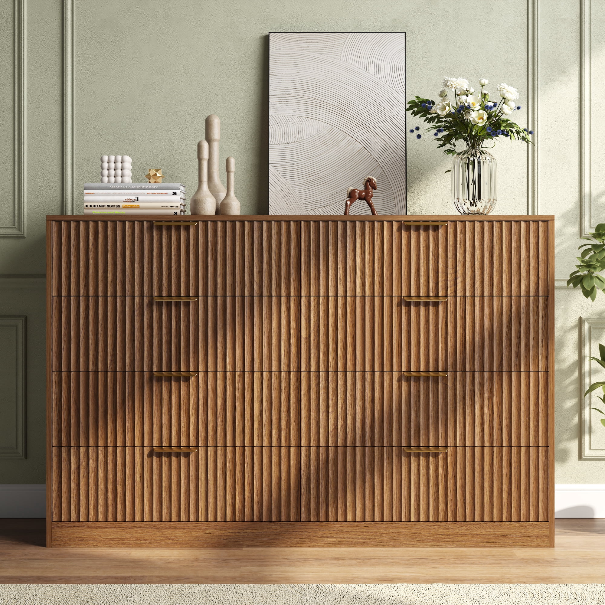 ASTUVIA 55.1" W Fluted 8 Drawer Dresser for Adult,Wooden Bedroom Dresser,Dresser TV Stand up to 65" for Living Room,Oak