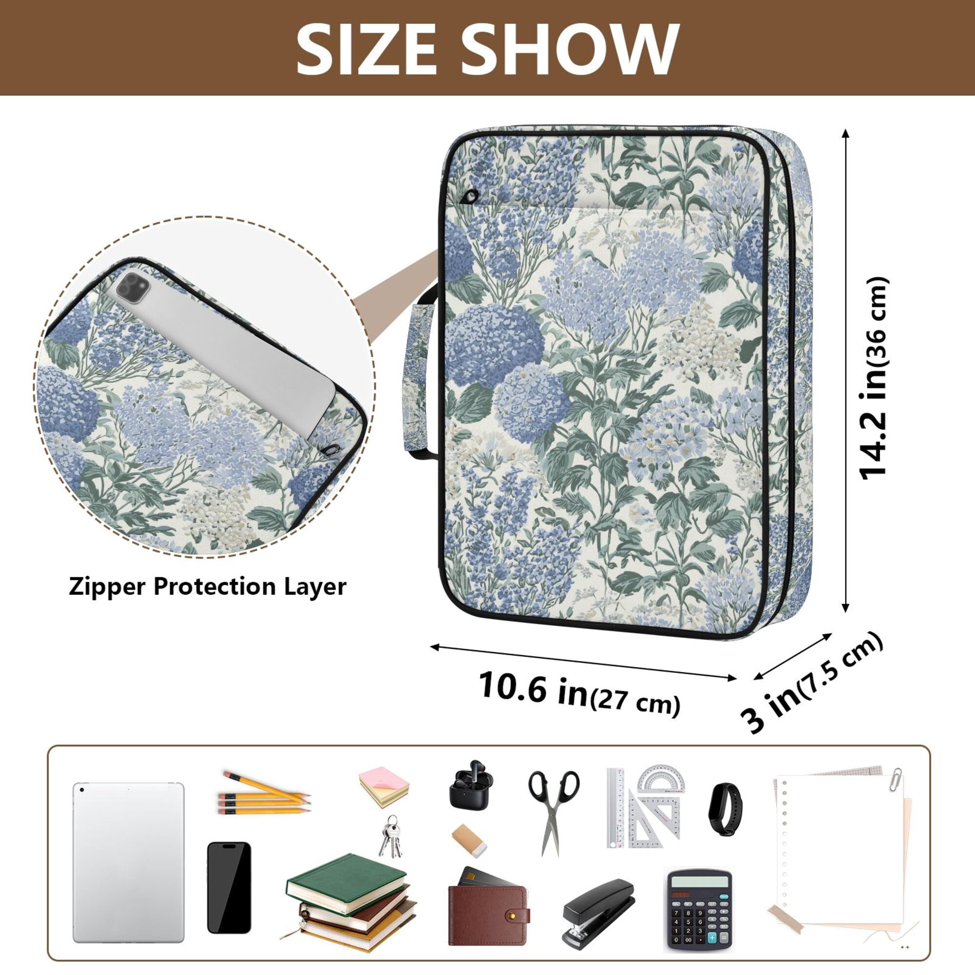 FORMRS Accordion File Folder A4 Size 7-Pocket Expanding Document Organizer Bag with 3 Ring Binder, Blue Hydrangeas Pattern