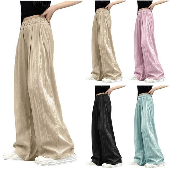 Einccm Girls Ice Silk Pleated Wide Leg Pants - High Waisted Summer Flowy Trousers - Breathable Cool Comfortable Casual Lounge Wear for Big Kids Age 6-17