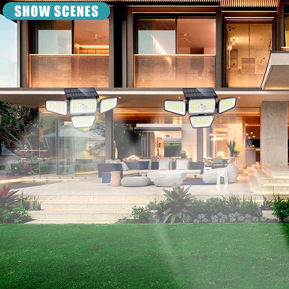 DFITO LED Solar Motion Security Lights Outdoor 4 Head 3000LM Motion Sensor Light Adjustable Flood Light Garden Waterproof
