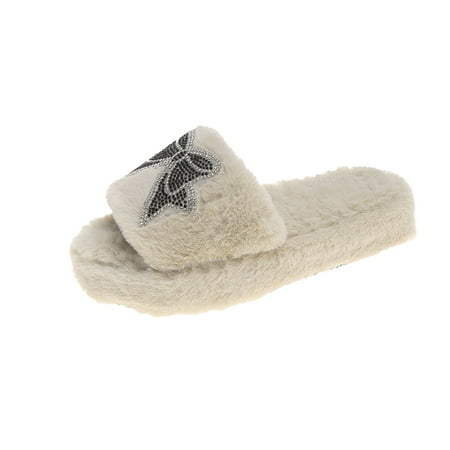 

Dainzusyful Slippers Platform Slippers Women s Fashion Bowknot Rhinestone Plush Slippers Thick-soled Cotton Slippers Slippers Khaki