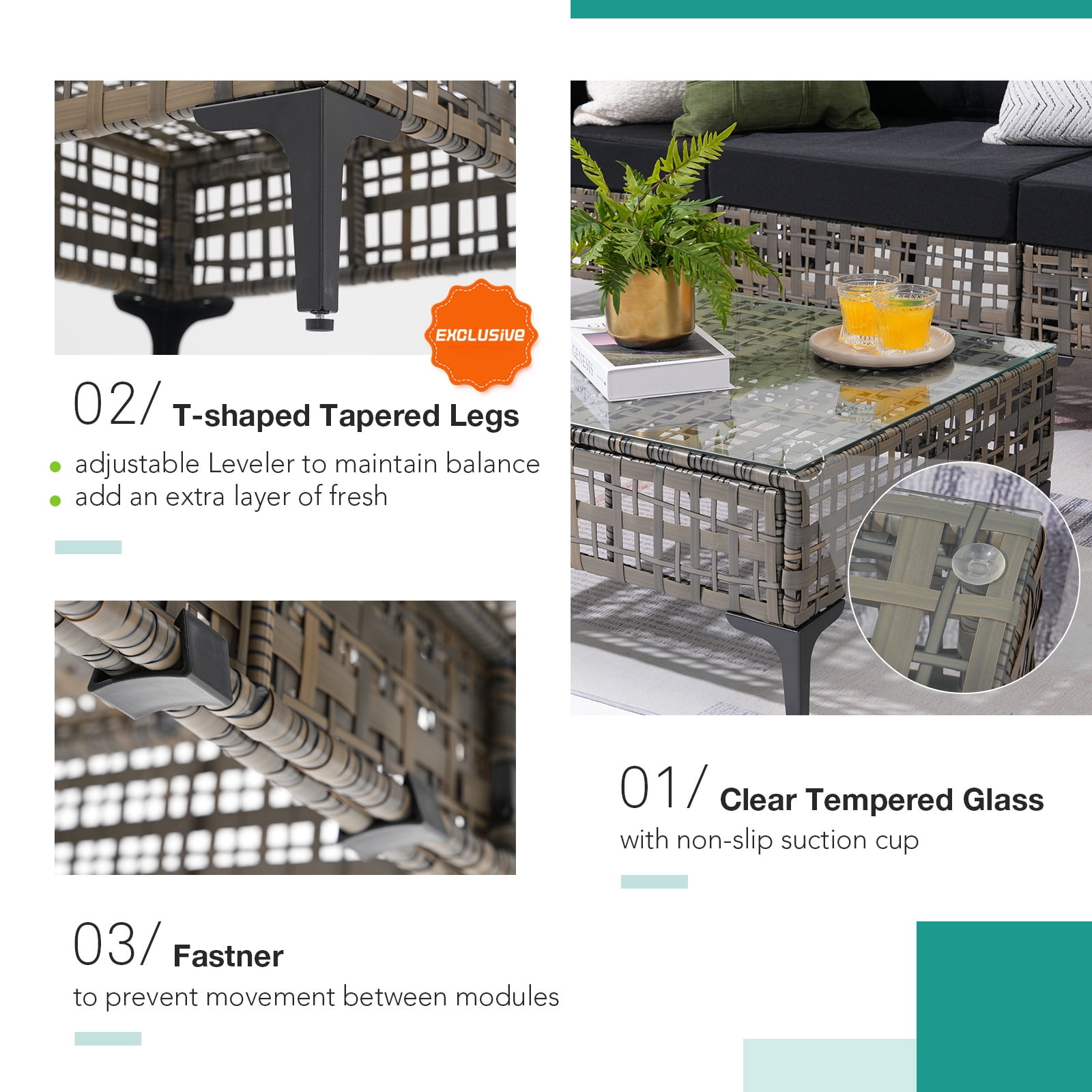 JOIVI 7 Pieces Patio Furniture Set, Outdoor Sectional Sofa Set with Cushion and Coffee Table, 7-Piece PE Rattan Conversation Set for Deck, Porch, Backyard, Black
