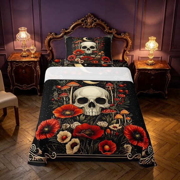 Homewish Death Skull Twin Sheets, Hippie Mushroom Flower Bedding, 3pcs, 1 Flat Sheet, 1 Fitted Sheet and 1 Pillowcase