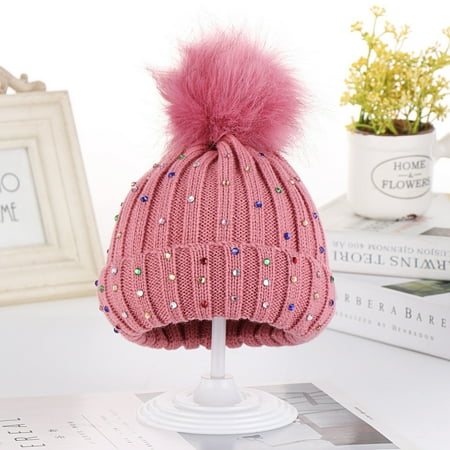 

〖TOTO〗Kids Hats Caps Children Baby Knitting Wool Hemming Hat Keep Warm Winter Hiarball Rhinestone Cap