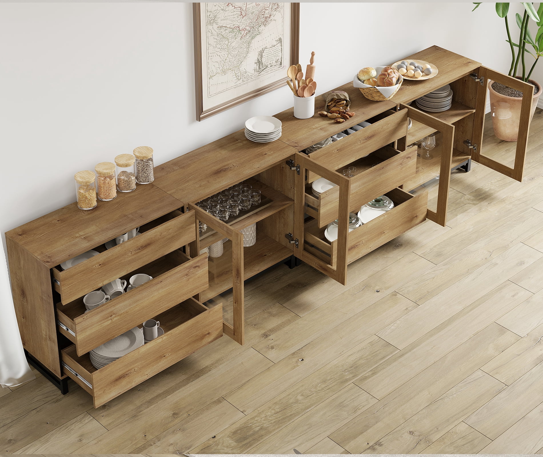 4-In-1 Multifunctional Sideboard Buffet with 6 Drawers, Modern Glass Door Credenza with Adjustable Shelf & Metal Base, Freestanding Coffee Bar Storage Cabinet for Kitchen Living Room,Oak