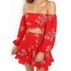 Women Red Off Shoulder Floral Casual Beach Crop Top+ Skirt Dress Sets