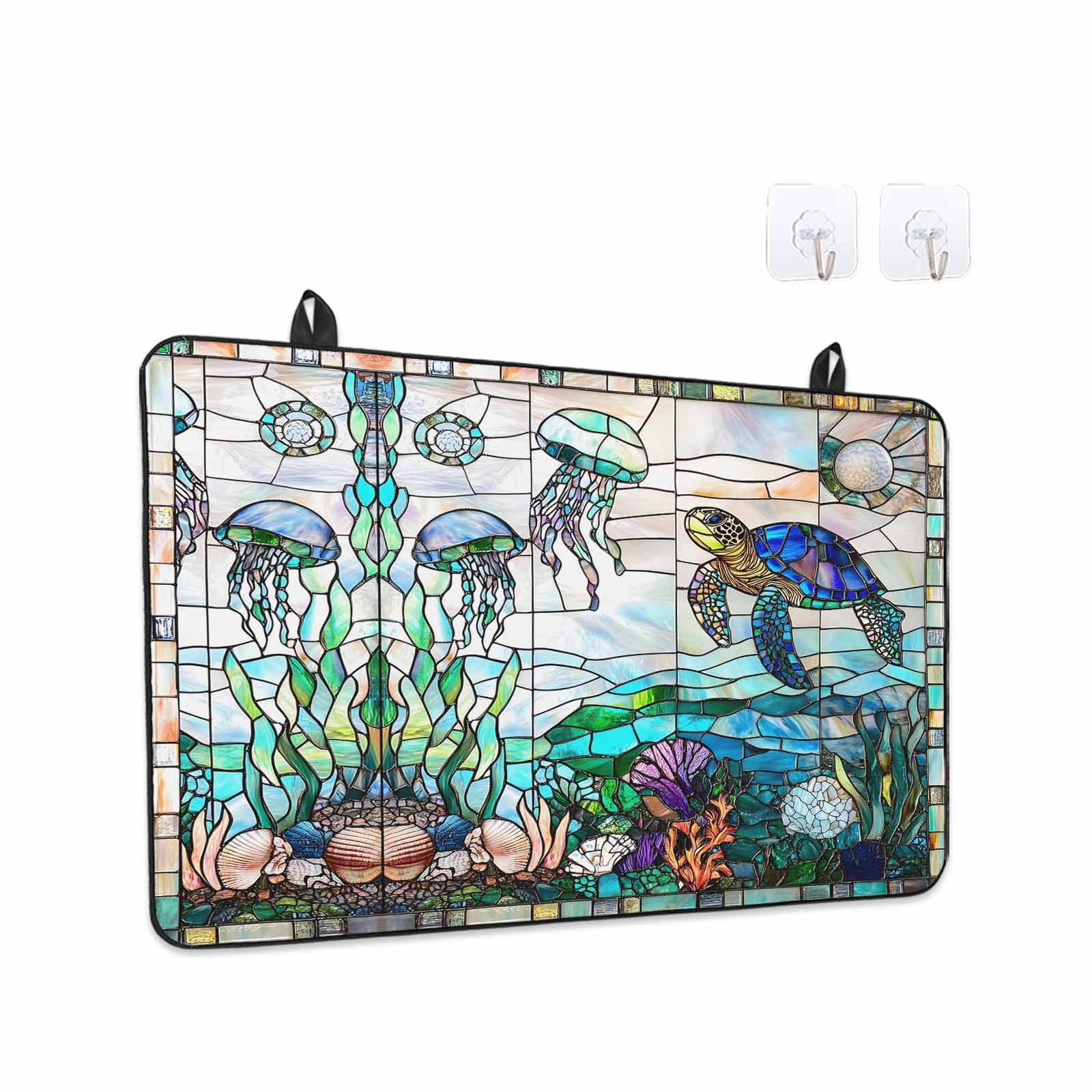 Summer Sea Turtle Stove Top Cover for Electric Stove, Heat-proof & Non Slip Glass Top Stove Cover Protector, Stained Glass Ocean Jellyfish Coral Kitchen Flat Cooktop Rubber Mat 24x21 Inches
