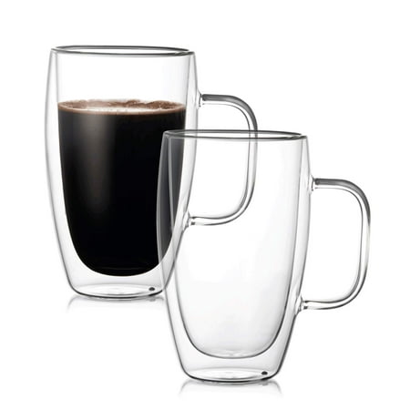 

Glass Coffee Mugs with Handle Double Wall Crystal Tea Cups Tumbler for Latte Milk Beer Juice Drinks Lead Free Set of 2 Large