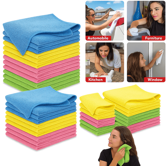 SQG USA NOOKS Microfiber Cleaning Cloths – 24 Pack, Multicolor (Pink/Blue/Green/Yellow), 12.5" x 12.5" – Ultra-Absorbent 300 GSM Car Towels, 1200 Washes, Streak-Free Mirror Shine
