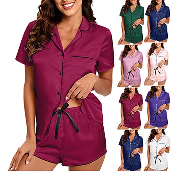 Pajamas for Women Set Dqueduo Women's Spring & Summer Solid Color Turn-Down Collar Button Short Sleeve Pajama Set – Satin Loungewear with Bow Shorts